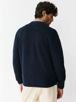 Bleu marine - Cardigan zippé à texture côtelée en laine