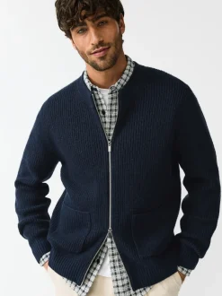Bleu marine - Cardigan zippé à texture côtelée en laine