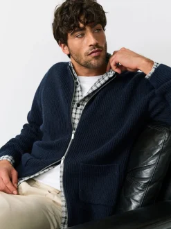 Bleu marine - Cardigan zippé à texture côtelée en laine