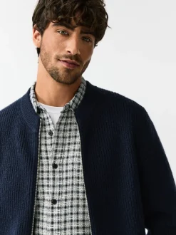Bleu marine - Cardigan zippé à texture côtelée en laine