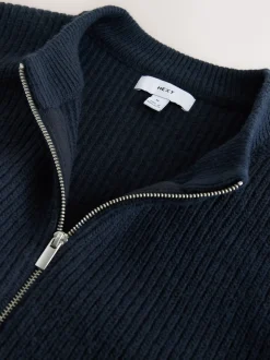 Bleu marine - Cardigan zippé à texture côtelée en laine