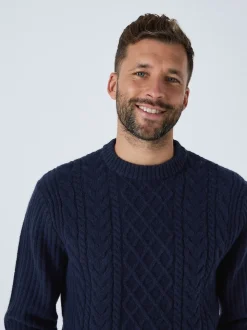 Bleu marine - Col rond en maille torsadée d’Aran Coupe classique avec laine