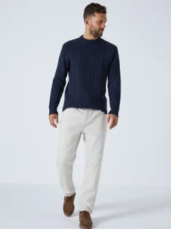 Bleu marine - Col rond en maille torsadée d’Aran Coupe classique avec laine