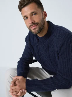 Bleu marine - Col rond en maille torsadée d’Aran Coupe classique avec laine