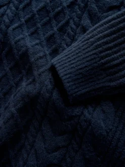 Bleu marine - Col rond en maille torsadée d’Aran Coupe classique avec laine
