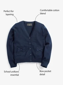 Bleu marine - Cotton Rich Nœud Pocket School Cardigan (3-16yrs)