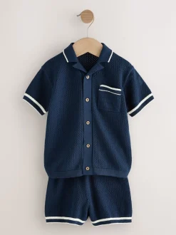 Bleu marine - Ensemble polos et shorts texturés en maille à col révéré (3mois-10ans)