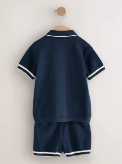Bleu marine - Ensemble polos et shorts texturés en maille à col révéré (3mois-10ans)