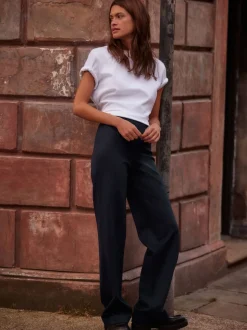 Bleu marine à fines rayures - Pantalon ample en jersey point de Rome lissant