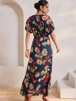 Bleu marine à fleurs - Robe mi-longue imprimée à manches bouffantes