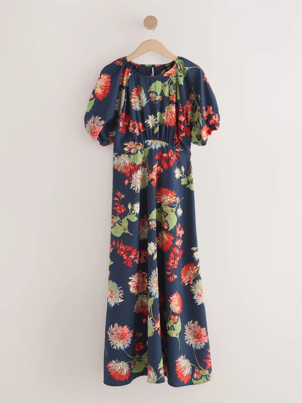 Bleu marine à fleurs - Robe mi-longue imprimée à manches bouffantes