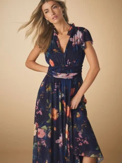Bleu marine à fleurs - Robe longue Grande occasion à col en V Imprimé en maille Plissé