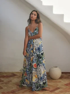 Bleu marine à fleurs - Robe longue Imprimé fruits volume