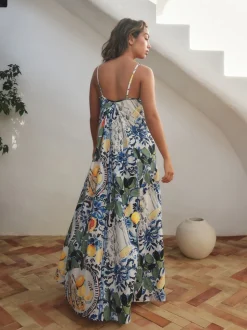 Bleu marine à fleurs - Robe longue Imprimé fruits volume