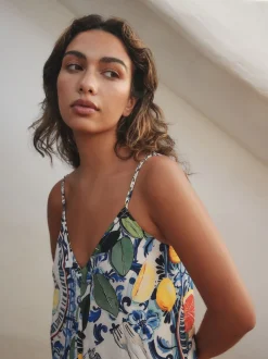 Bleu marine à fleurs - Robe longue Imprimé fruits volume