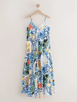 Bleu marine à fleurs - Robe longue Imprimé fruits volume