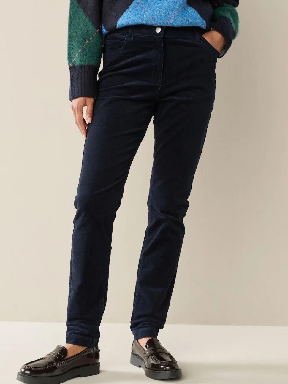 Bleu marine - Pantalon skinny en velours côtelé