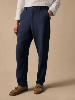 Bleu marine - Pantalons Blend de lin texturé à taille élastiquée