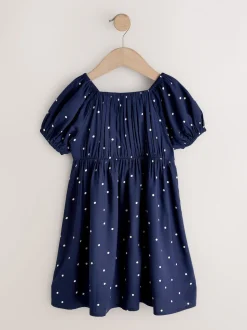 Bleu marine à poi - Robe à manches courtes (3-16ans)