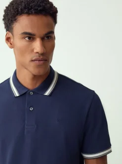 Bleu marine - Polo coupe classique à manches courtes et liserés