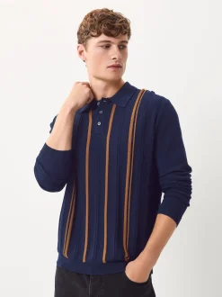 Bleu marine - Polo en maille à manches longues, coupe classique, en coton riche à rayures