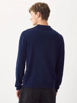 Bleu marine - Polo en maille à manches longues, coupe classique, en coton riche à rayures