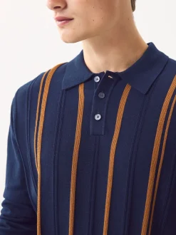 Bleu marine - Polo en maille à manches longues, coupe classique, en coton riche à rayures