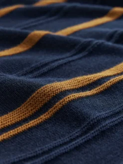 Bleu marine - Polo en maille à manches longues, coupe classique, en coton riche à rayures