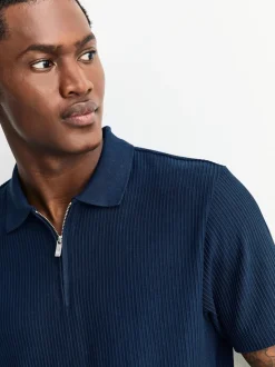 Bleu marine - Polo texturé élégant à col zippé