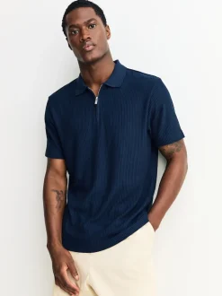 Bleu marine - Polo texturé élégant à col zippé