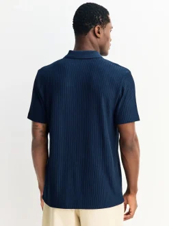 Bleu marine - Polo texturé élégant à col zippé