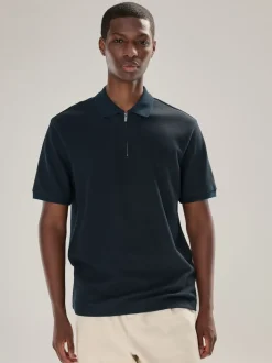 Bleu marine - Polo texturé élégant à col zippé
