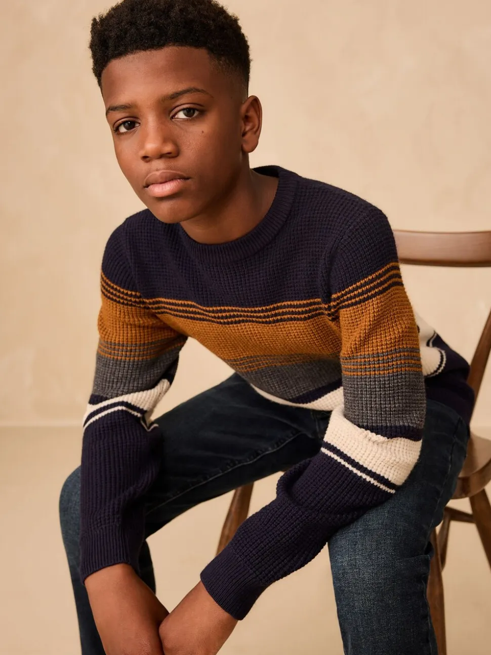 Bleu marine - Pull color block rayé en maille à col ras du cou (3-16ans)