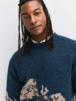 Bleu marine - Pull décontracté à col rond paysage de montagne en maille