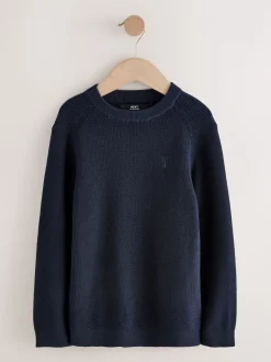 Bleu marine - Pull en maille col rond en coton (3-16ans)