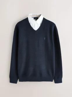 Bleu marine - Pull Oxford texturé coupe classique