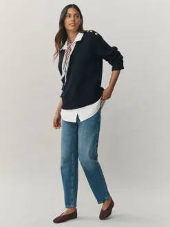 Bleu marine - Pulls look superposé en maille à col en V avec chemise