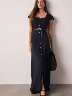 Bleu marine - Robe longue boutonnée en jersey à manches courtes