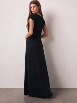 Bleu marine - Robe longue boutonnée en jersey à manches courtes