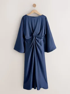Bleu marine - Robe longue en satin à manches longues torsadée sur le devant