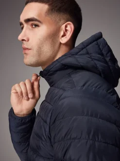 Bleu marine - Résistant à la douche Lightweight Hooded Puffer Coat Veste