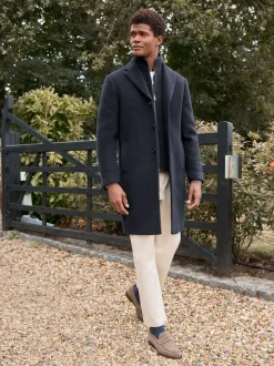 Bleu marine - Signature Manteau en laine richement rembourré en tissu italien doux au toucher Col cheminée Coat