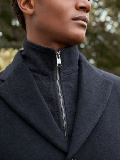 Bleu marine - Signature Manteau en laine richement rembourré en tissu italien doux au toucher Col cheminée Coat