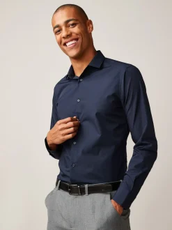 Bleu marine - Slim Fit (Slim Fit) - Chemises intelligentes faciles d’entretien à poignets simples