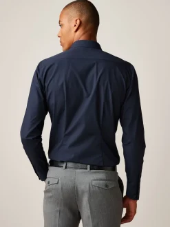 Bleu marine - Slim Fit (Slim Fit) - Chemises intelligentes faciles d’entretien à poignets simples