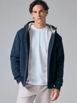 Bleu marine - Sweat à capuche zippé doublé en polaire en peau de mouton