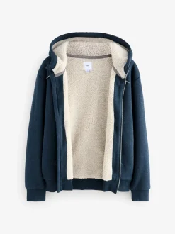 Bleu marine - Sweat à capuche zippé doublé en polaire en peau de mouton