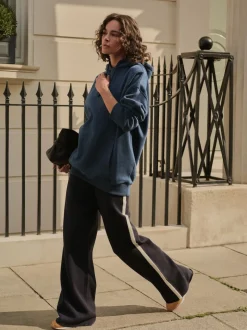 Bleu marine - Sweat-shirt à capuche long actif à coutures apparentes ultra-doux avec poches