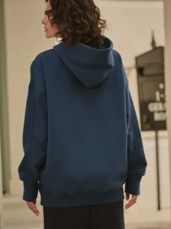 Bleu marine - Sweat-shirt à capuche long actif à coutures apparentes ultra-doux avec poches