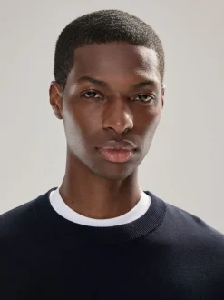 Bleu marine - Uni - Pull col rond riche en coton coupe classique